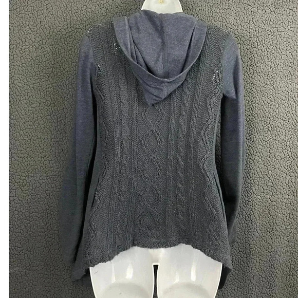 Lucky Lotus Blue Gray Open Front Cardigan XS Cotton Blend Knit Hooded Sweater - Picture 2 of 10